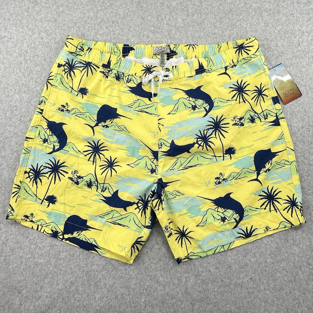 Ocean + Coast Mens XLT Swim Board Shorts Yellow Marlin Blue Fish Palm Print NWT